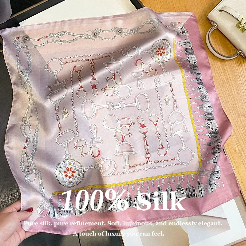 

Luxury 100% Mulberry Silk Scarf Women 53cm Square Neck Scarf Elegant Chain Print Hair Bandana Small Neckerchief Female Foulard