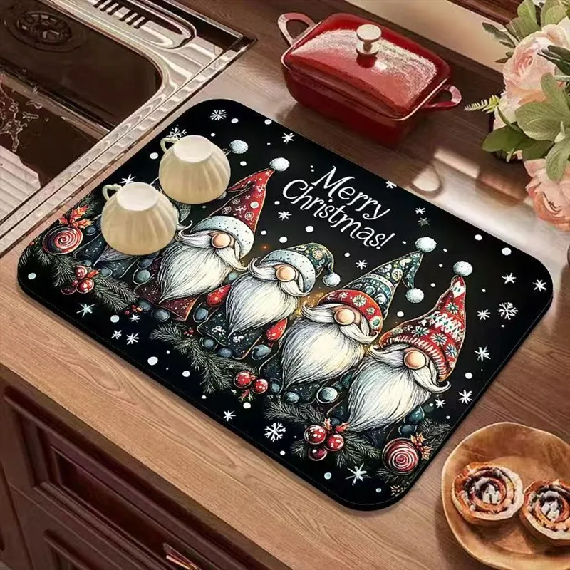 VIKAMA Diatomite Drying Mat Water Absorbing Fast Drying Anti-Slip Kitchen Counter Christmas Gnome Poinsettia Pink