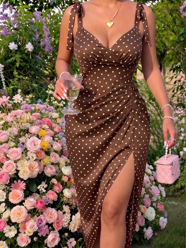 Plus-Size Women's Sexy, Sensual, Waist-Cinching, Curvy-Hips, Strapless Maxi Dress, Casual, Polka Dots, V-Neck, Beach Dress