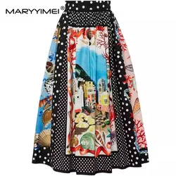 MARYYIMEI Fashion Design Summer Women's Dot Elegant Print Folds Casual Holiday Beach Vacation Cotton A-Line Skirt