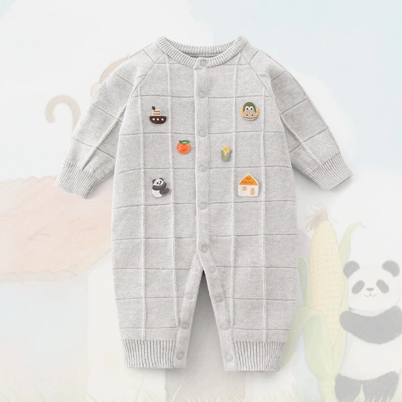 

Весенне-осенние комбинезоны для маленьких мальчиков, вязаные комбинезоны с мультяшной вышивкой для новорожденных мальчиков, детские комбинезоны для маленьких мальчиков, комбинезоны для младенцев