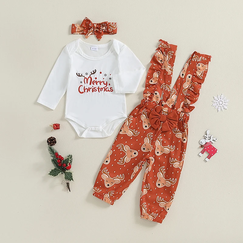 0-18M Baby Girls 3Pieces Christmas Outfit Set Letter Embroidery Long Sleeves Romper + Elk/Santa Print Overalls + Bow Headband