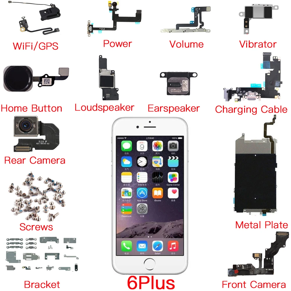 Full Set Parts Replacement For iPhone 6 Plus Power Volume Front Rear Camera Charging Flex Cable Home Button Loud Speaker Screw