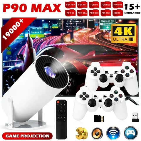 Projetor de Jogos Portátil P90 Max com Console de Videogame e 2 Controles Sem Fio, Suporte para Mais de 19.000 Jogos Retrô, 4K 1080P Android 11