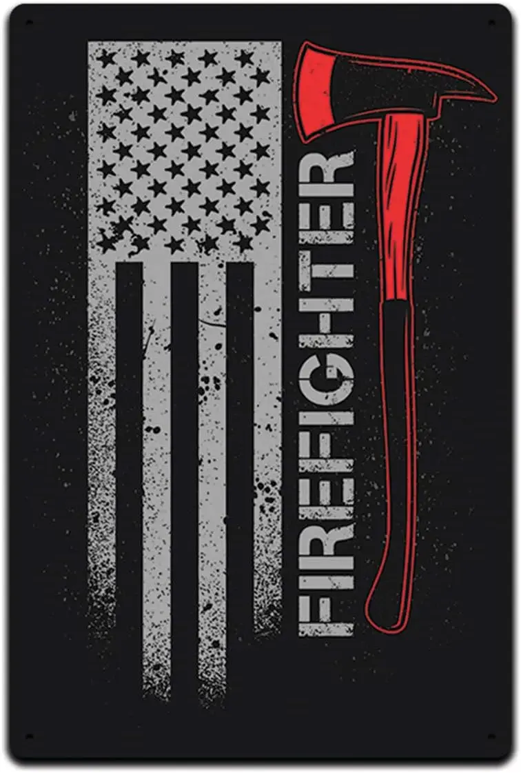 JP's Parcels Tin Signs Man Cave Decor - Metal Sign 12 x 8 in. Firefighter Flag