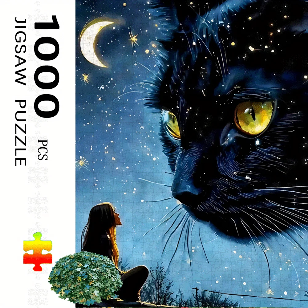 Puzzle di gatto nero e al chiaro di luna da 1000 pezzi - Puzzle su larga scala con mezzaluna, stelle e design di gatto nero, impegnativo