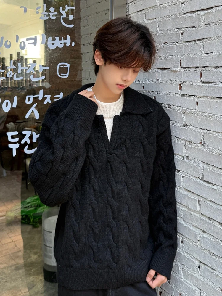 

Мужской зимний свитер из утолщенного американского ретро-трикотажа с эффектом двухслойности, имитация двух частей, с длинным рукавом и круглым вырезом