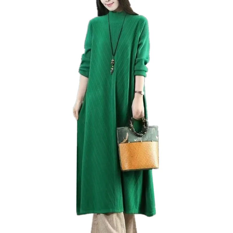 ヴィンテージルーズニットウェア女性服冬ロングドレス春秋プルオーバー女性のセーター暖かいベーシックウェア女性ジャンパー