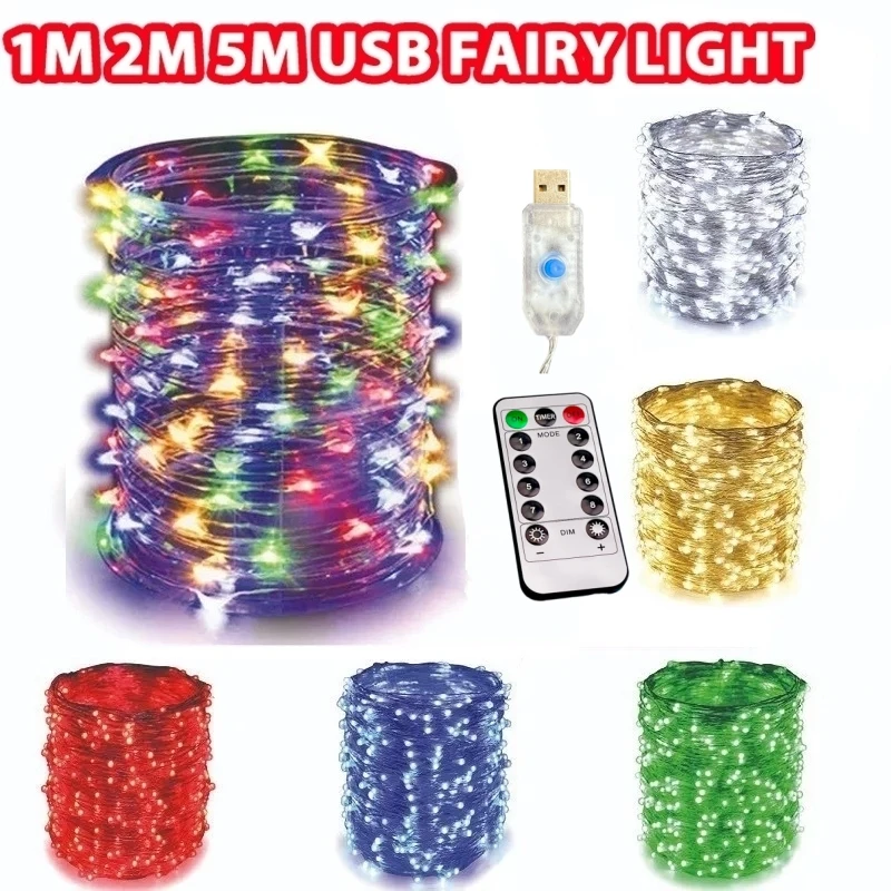 USB LED String Light 5 M/10 M/20 M/30 M 8 โหมดรีโมทคอนโทรลไฟ Fairy garlands งานแต่งงานคริสต์มาสโคมไฟตกแต่งวันหยุดใหม่ปี