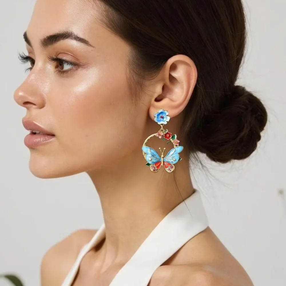 Vintage Enamel Butterfly & Floral Hoop Dangle Earrings, Antique-Style Fashion Jewelry for Women, Party & Casual Wear Accessory