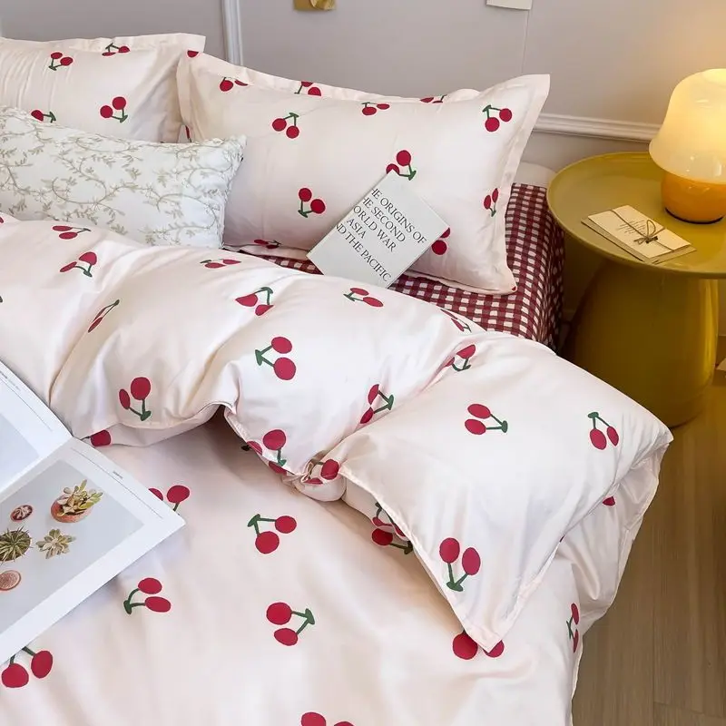 Vintage Floral Duvet Cover Set Flat Sheet Pillowcases INS Cherry Bedding Single Twin Full Size Bed Linens Decor Home for Girls