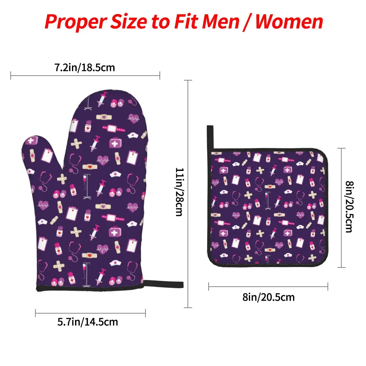 Hospital Medical Pattern Gift For Nursing Nurse Oven Mitts and Pot Holder Sets of 4 for Baking Cooking Resistant Non-Slip Gloves