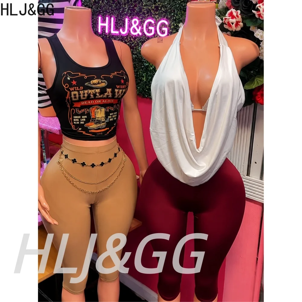 HLJ&GG Y2K Letter Print Ribber Tank Top Two Piece Sets Women Round Neck Sleeveless Slim Vest And Skinny Shorts Outfit Streetwear