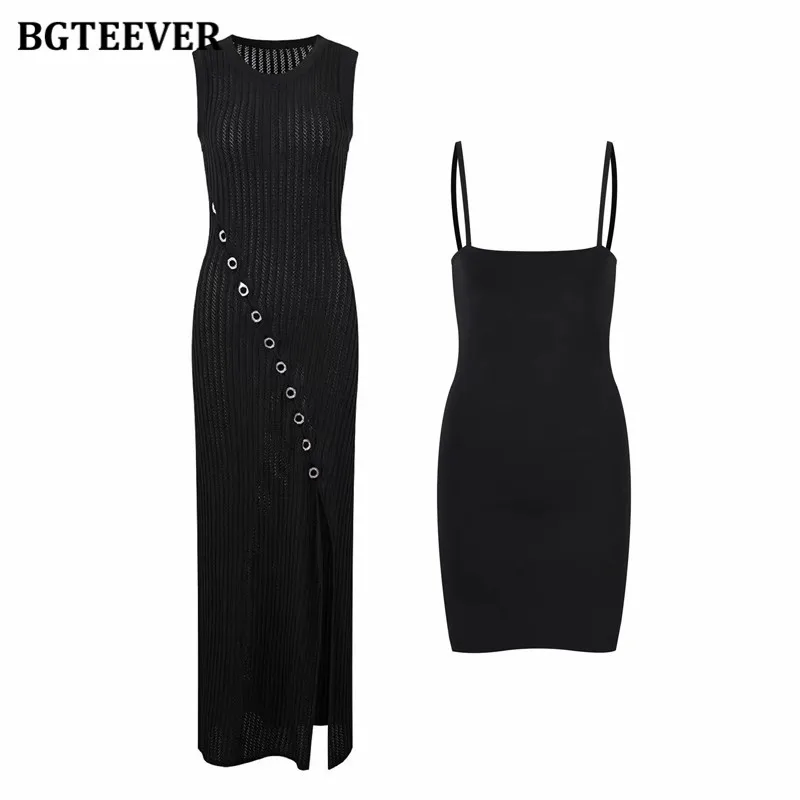 BGTEEVER Elegant Ladies 2 Pieces Knitted Dress Set Sleeveless Split Package Hip Dress & Spaghetti Strap Vest Dress