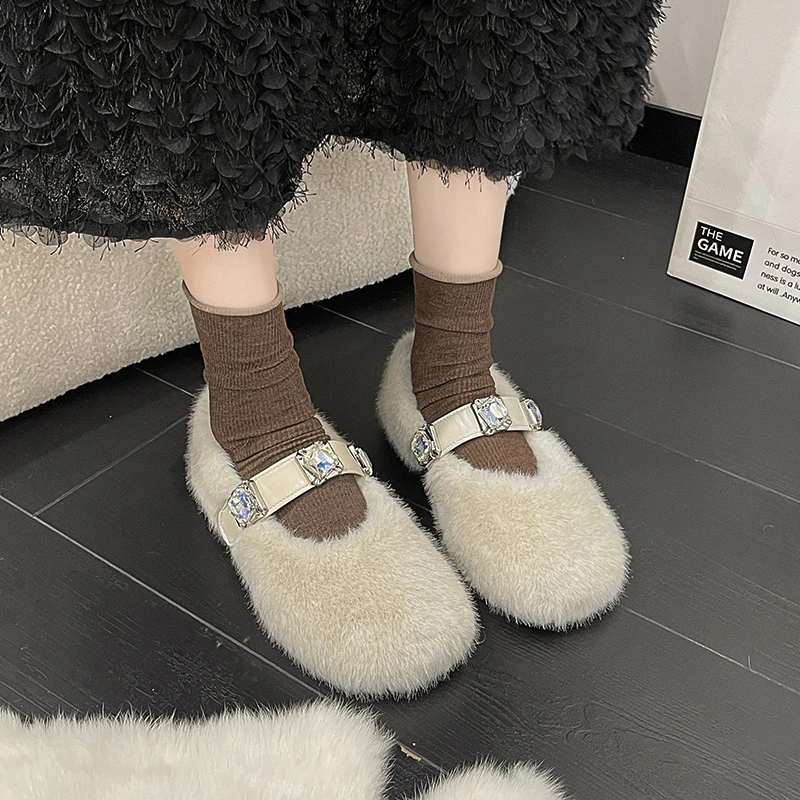 

2024 Women Winter Warm Fur Loafers Casual Thick Sole Moccasins Walking Snow Shoes Woman Mink Fur Espadrilles Flats Creepers