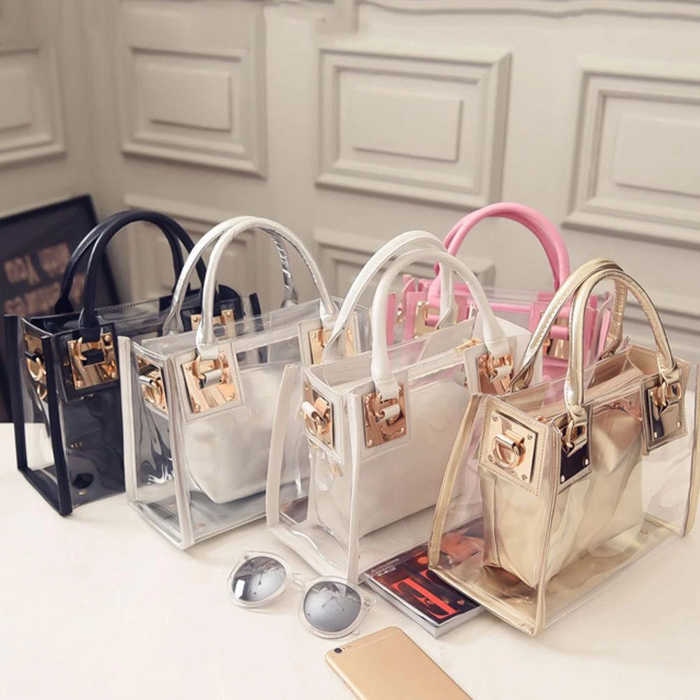 2pcs Women Fashion Shoulder Bag Clear Jelly Clutch Purse Transparent Handbag