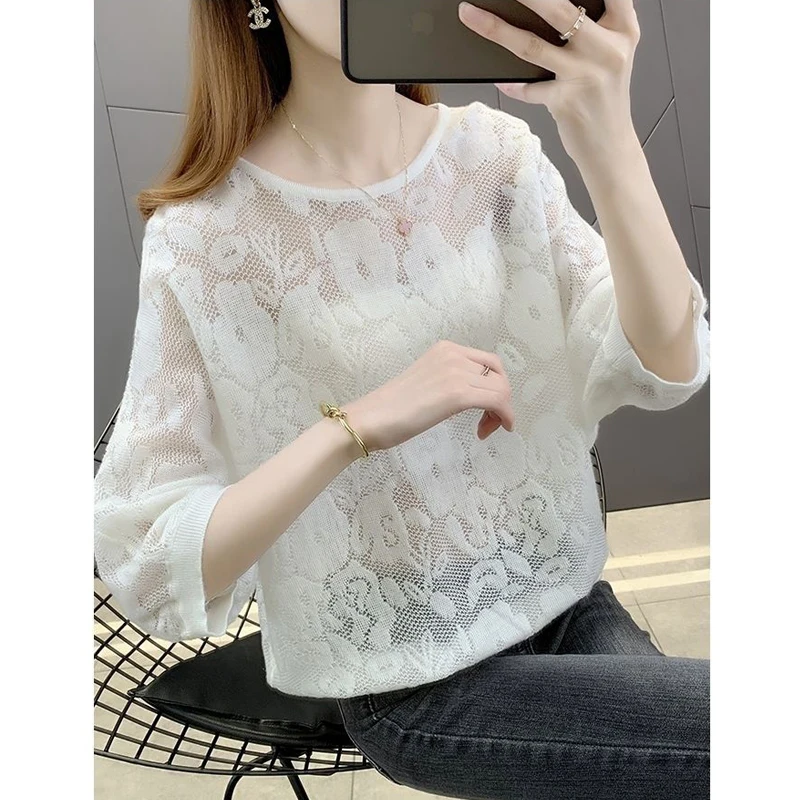 Women\'s Clothing Korean Fashion Sexy Hollow Solid Color Thin Knitwear Spring Summer Casual Round Neck Half Sleeve Pullover Tops