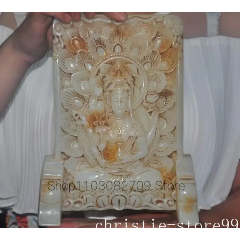 Chinese Buddhism old jade Carved Tara Guanyin Kwan-yin Bodhisattva Buddha screen