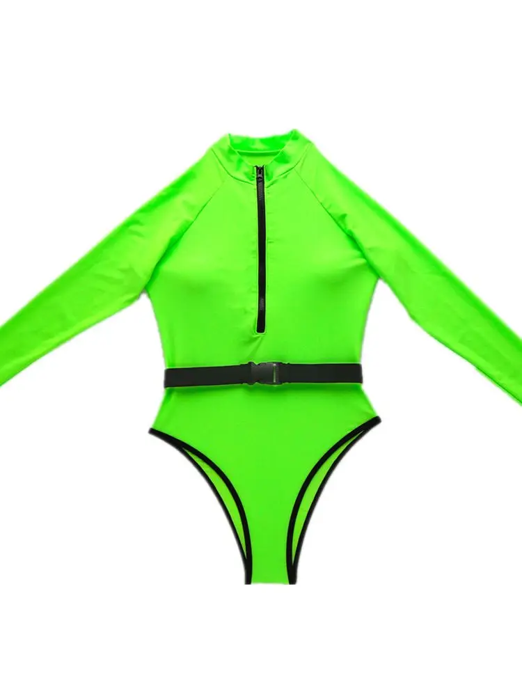 Sexy Zipper sport jednoczęściowy strój kąpielowy z długim rękawem Neon stroje kąpielowe kobiety pas body wysokie cięcie stroje do surfingu wysypka