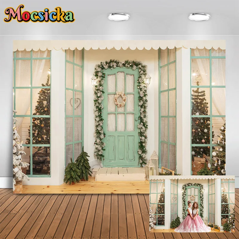 

Mocsicka Photography Backgrounds Christmas Tree Green Wooden Door Outdoor Photo Backdrop New Year Cute Girl Cake Smash Studio