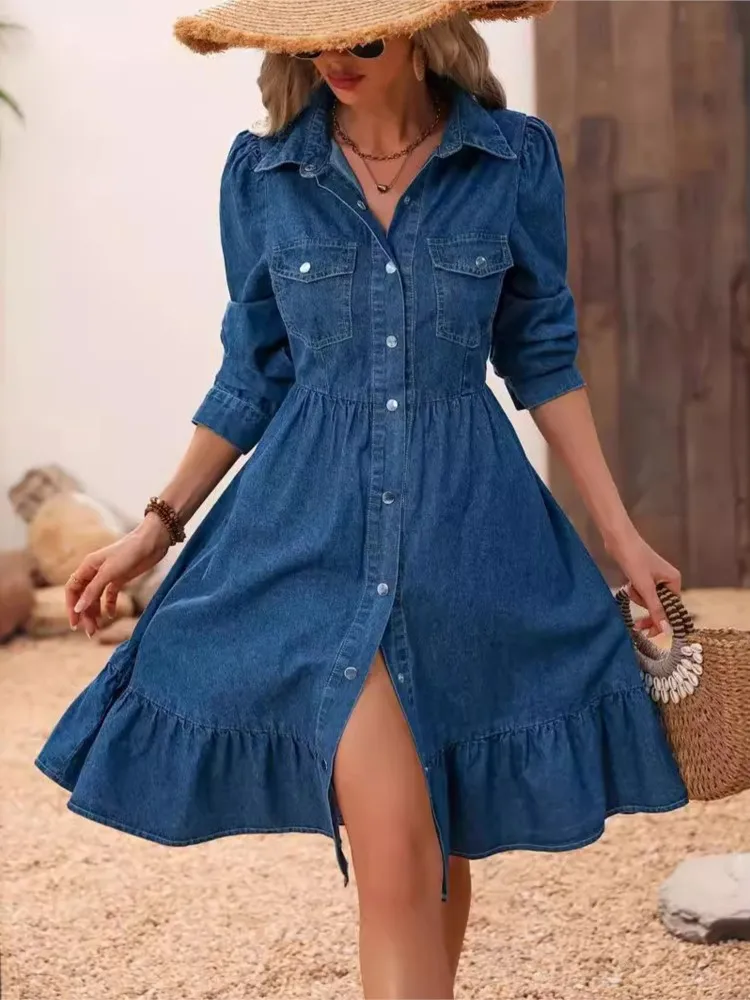

New Fashion Ruffles Women Blue Denim Dress Elegant Button Shirt Midi Dress Female 2025 Spring Autumn Casual Dresses Robe Femme