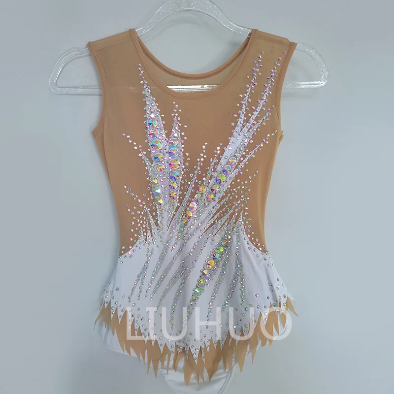 LIUHUO Rhythmic Gymnastics Leotards White Gradient Full Diamond Sleeveless Aerobics Competition Performance