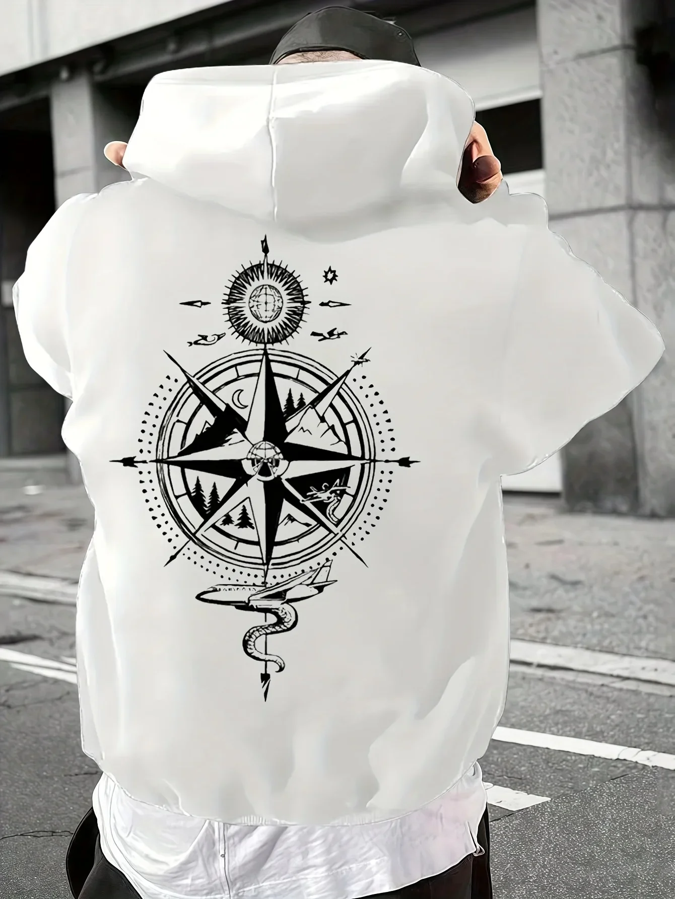 Compass Rose HoodieUnisex Drawstring Hooded Sweatshirt Adventure Travel Mountain Sun Moon Graphic Back Print Streetwear Pullover