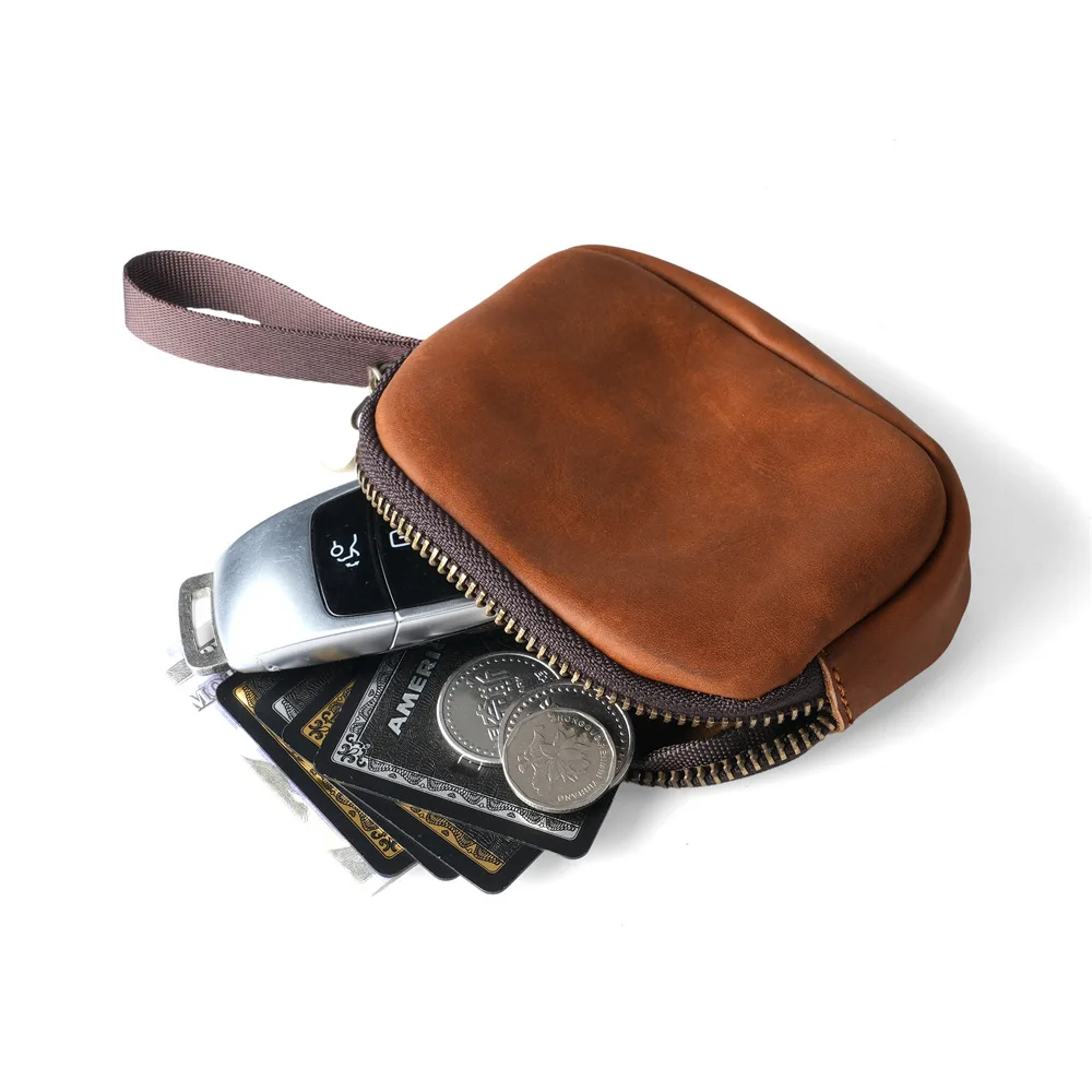 Vintege Casual Genuine Leather Wallet Card Holder Purse Cowhide Crazy Horse Brown Deep Brown Zipper Coin Bag Clip