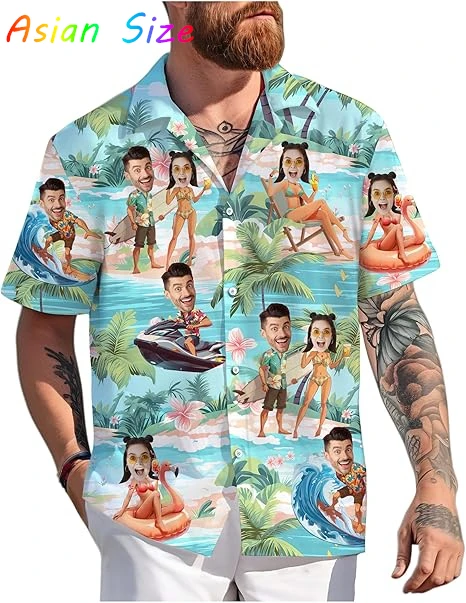 

Персонализированные гавайские рубашки с забавным принтом для пар (муж и жена), пляжные рубашки с коротким рукавом и отложным воротником, блузки