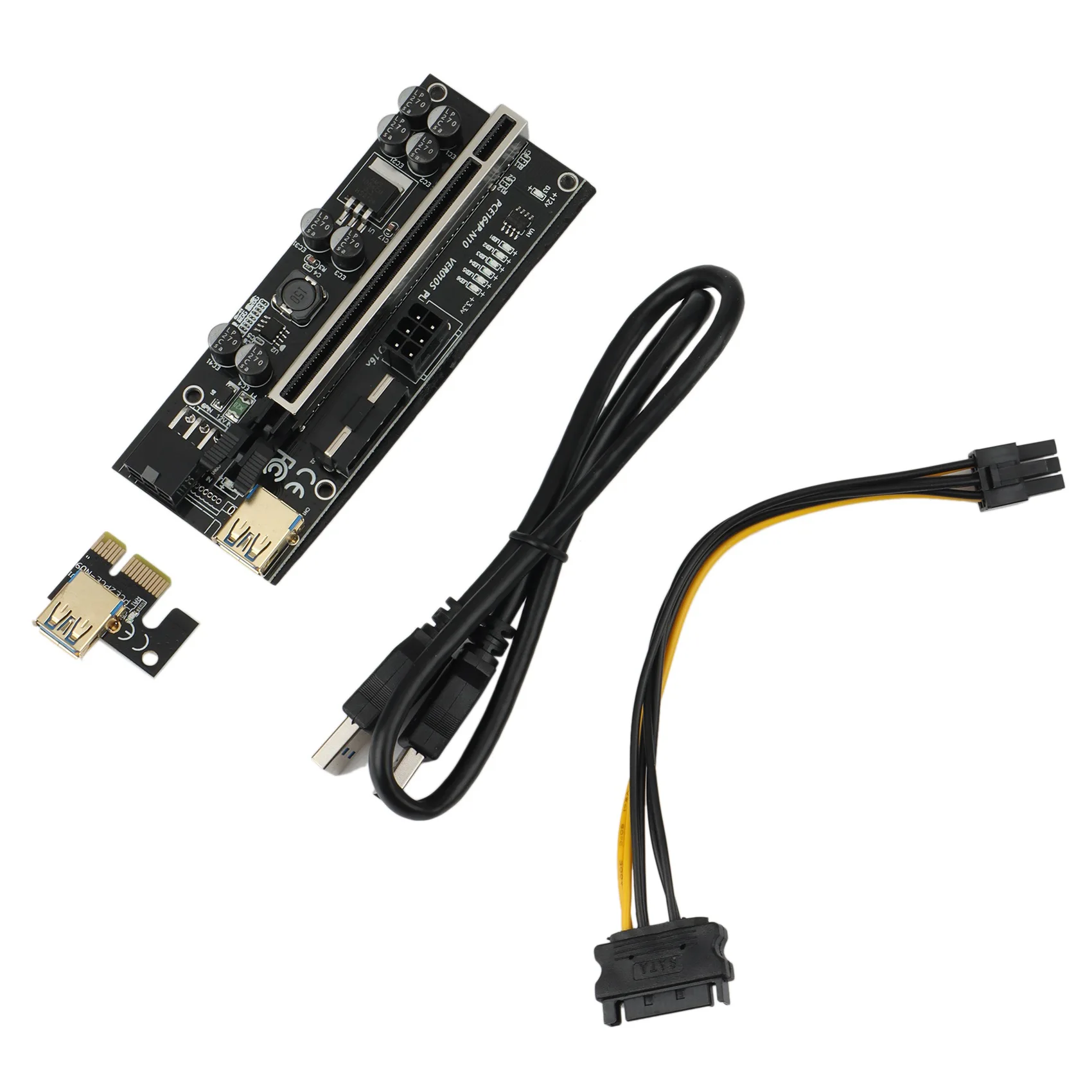 VER010S USB3.0 PCI-E Riser VER010 PLUS Express 1X 4X 8X 16X Extender Pcie Riser Adapter Card SATA 6Pin Power Black(1Set)