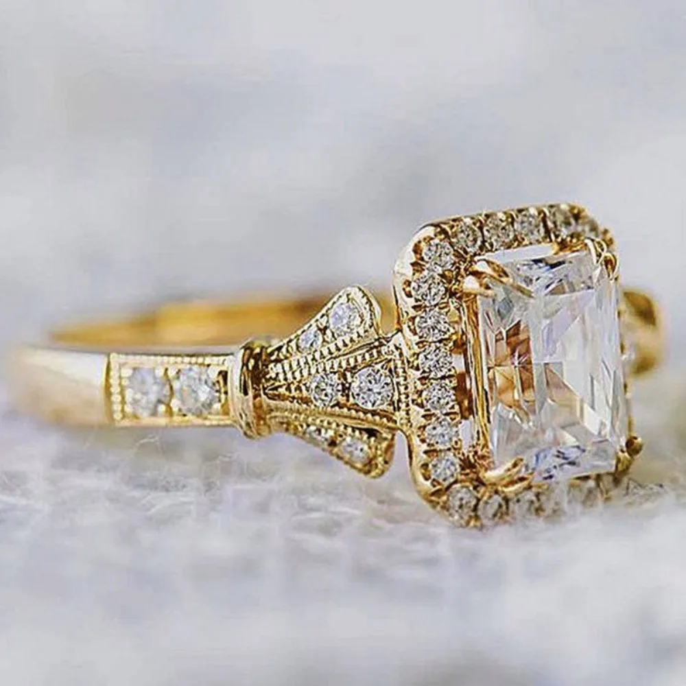 New Luxury Court Style Gold Color Inlaid Square 5A Zircon Finger Rings for Women Classic Fashion Propose Marriage Jewelry Gifts