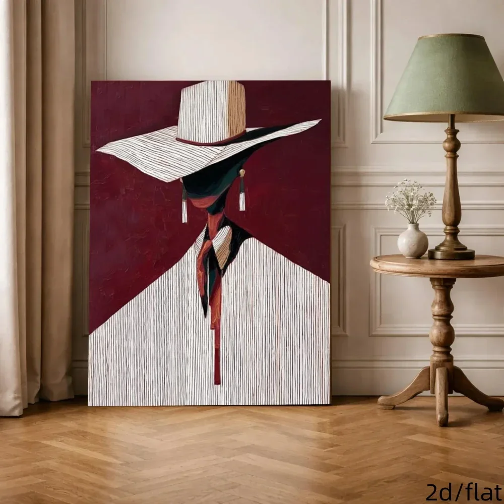 Abstract Wall Art Print, Figure in Burgundy‑White Stripes Wide‑Brim Hat, Modern Decor Painting for Living Room Home Decoration