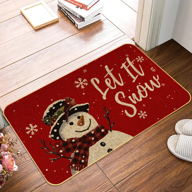 VIKAMA Winter Snowman Entry Doormat Plaid Scarf Snowflake Pattern Non Slip Mat For Porch Indoor Home Xmas Party Decoration