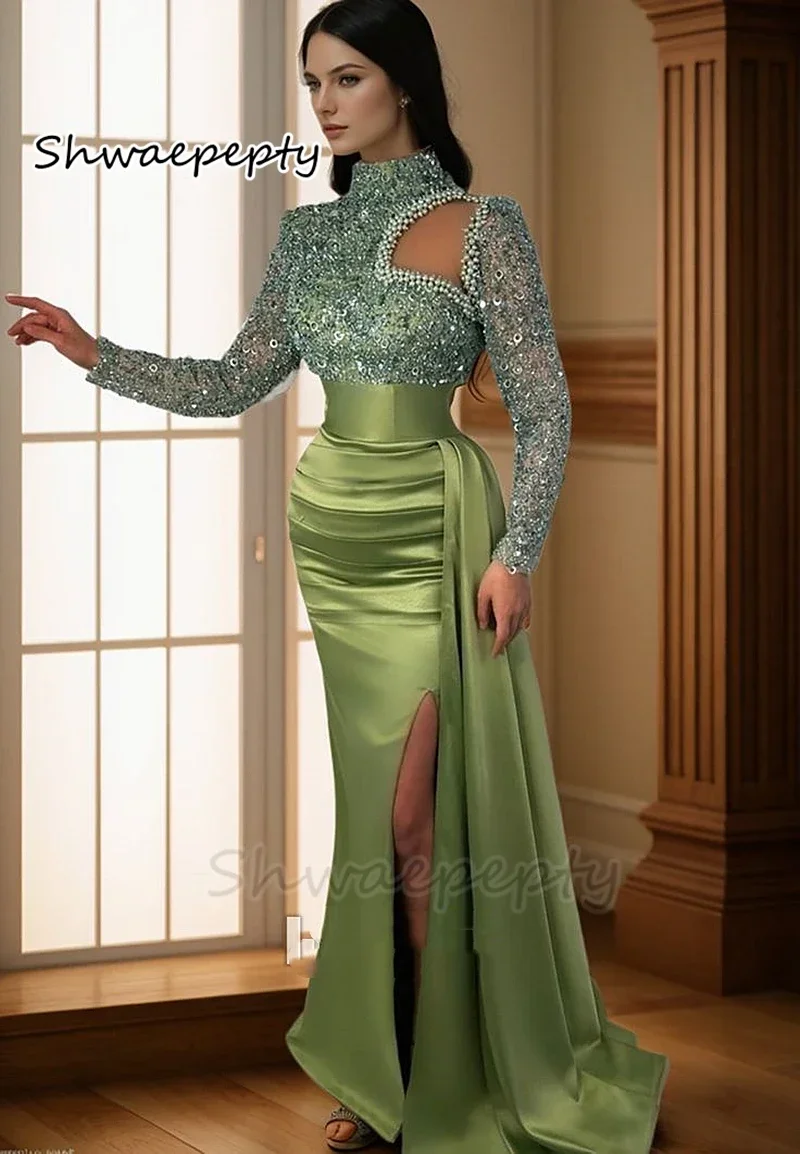 Olive Green Mermaid Prom Dresses Pearls Beaded High Neck Side Split Evening Formal Gown Sequined Satin Long Sleeves Customized