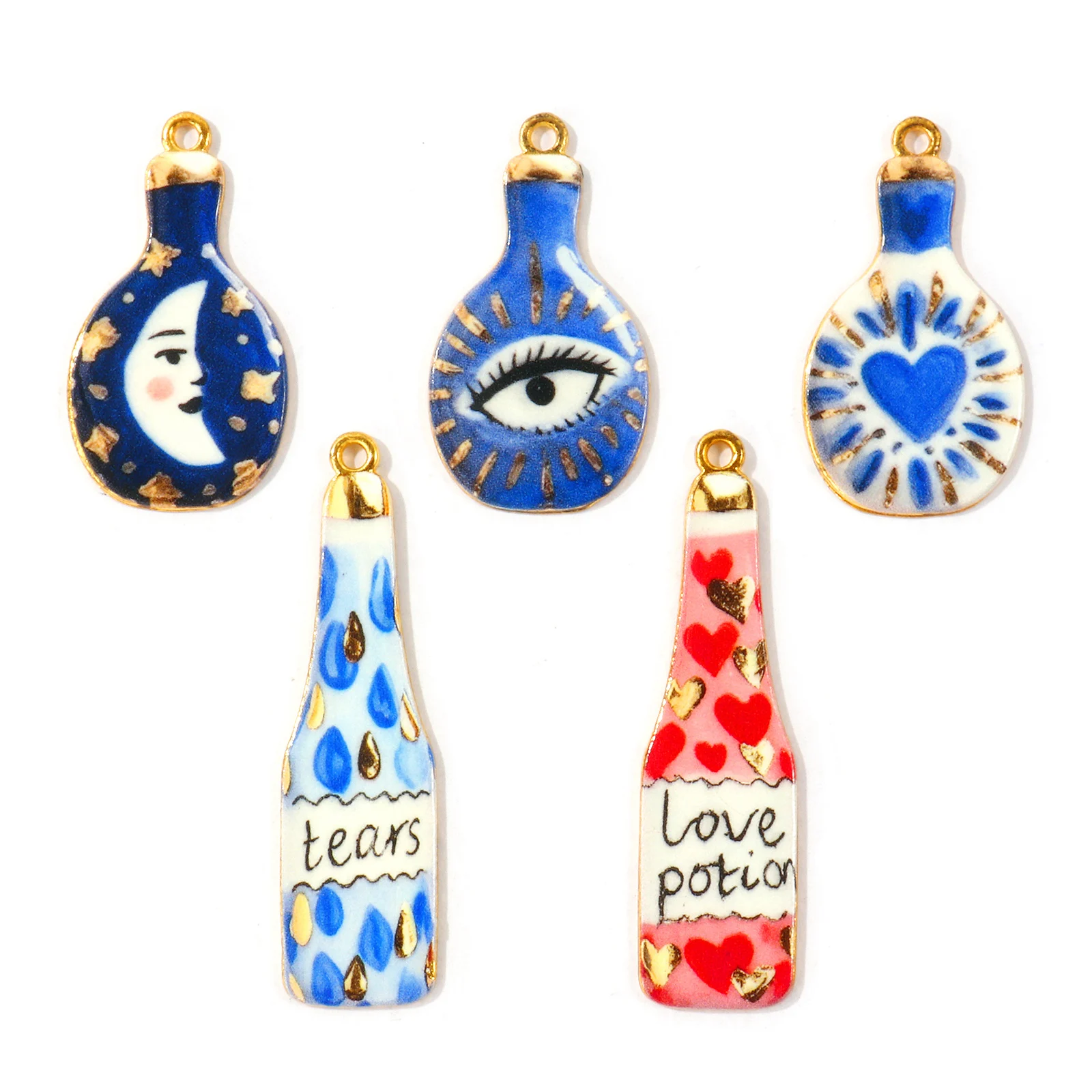 10Pcs Zinc Alloy Enamel Magic Bottle Charms Gold Plated Multicolor Moon Evil Eye Heart Love Potion Pendant DIY Necklace Jewelry