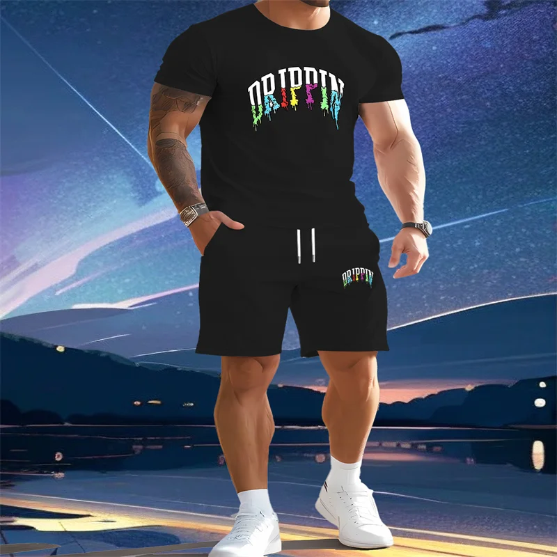 

2025 Summer Men's Sports Set Round Neck Short sleeved T-shirt and Drawstring Sports Shorts Set Casual Sports Street 2-piece Set