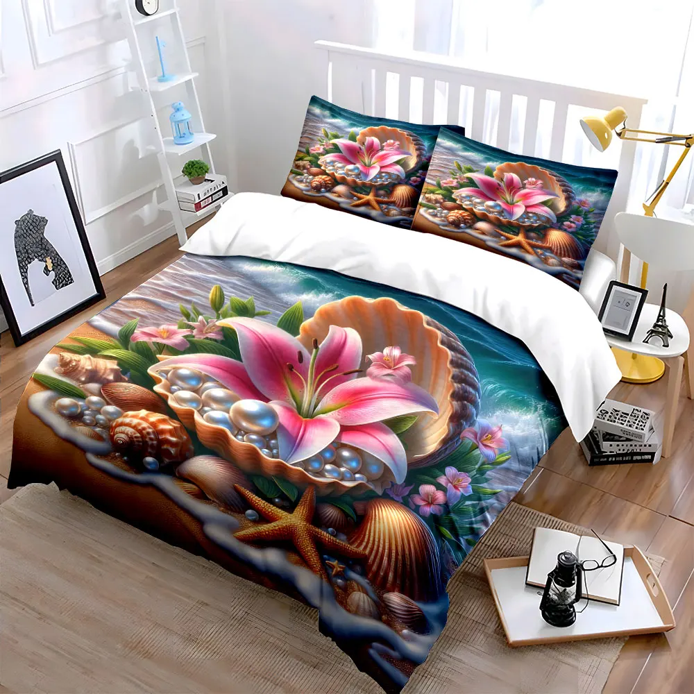 Shells, Pearls and Beach Flowers Printed Duvet Cover Set1 Duvet Cover+2 PillowcaseMulti Size Bedroom Bedding Decor Luxury gifts