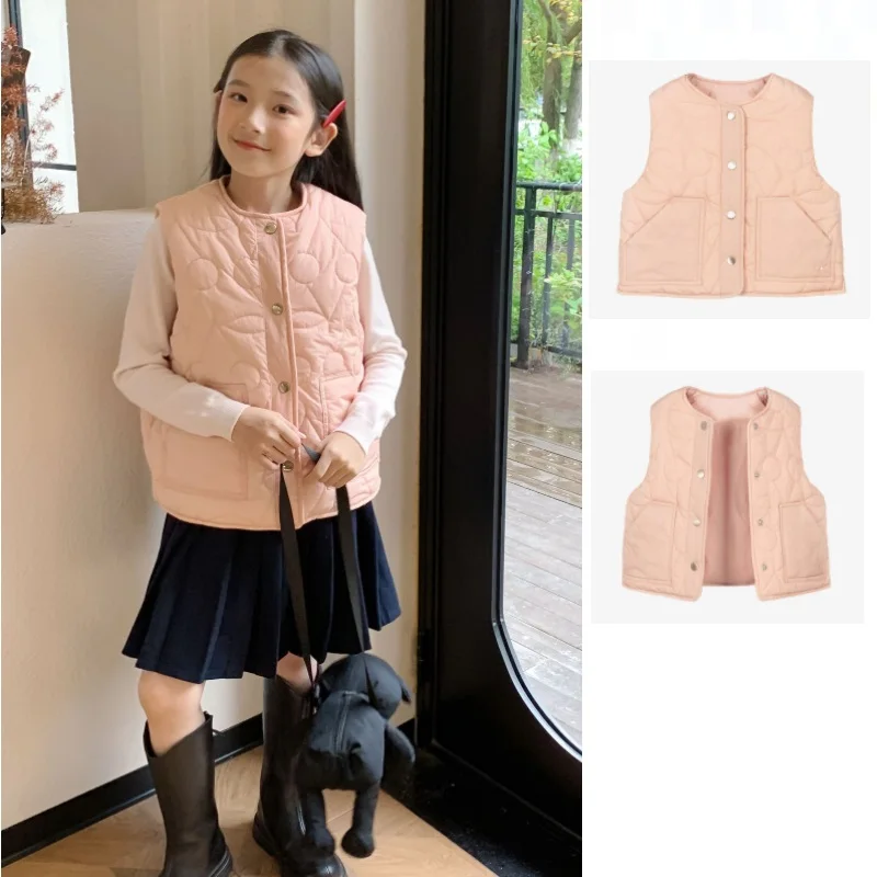 Girls' Vest 26 Fall/Winter New Arrival: Pink Printed Children's Quilted Vest—Windproof, Warm, Outerwear Baby Vest, Cotton Jacket