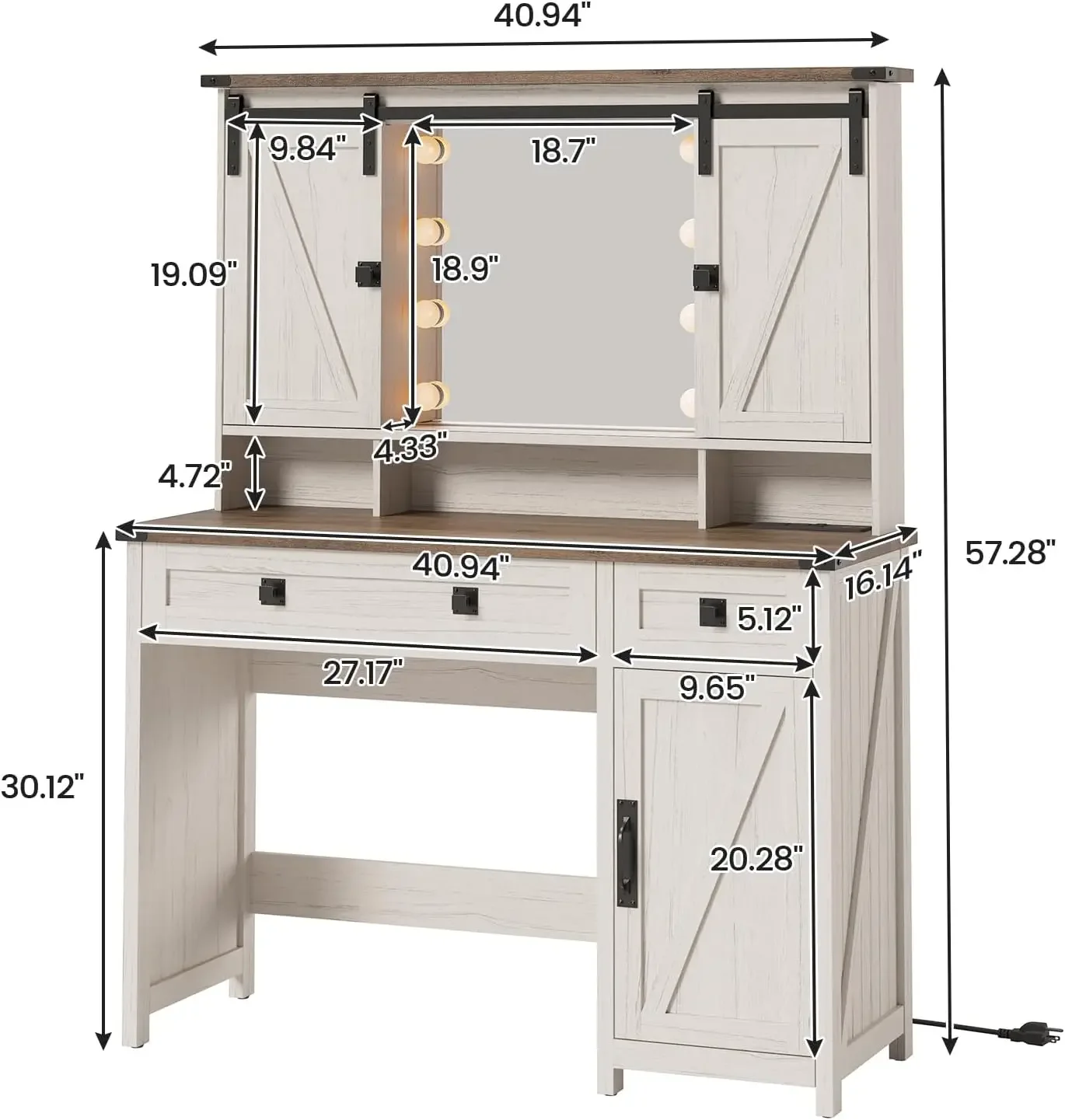 Makeup Vanity with Lights & Barn Doors Vanity Desk with Mirror and Lights & Charging Station Farmhouse White Vanity Table With