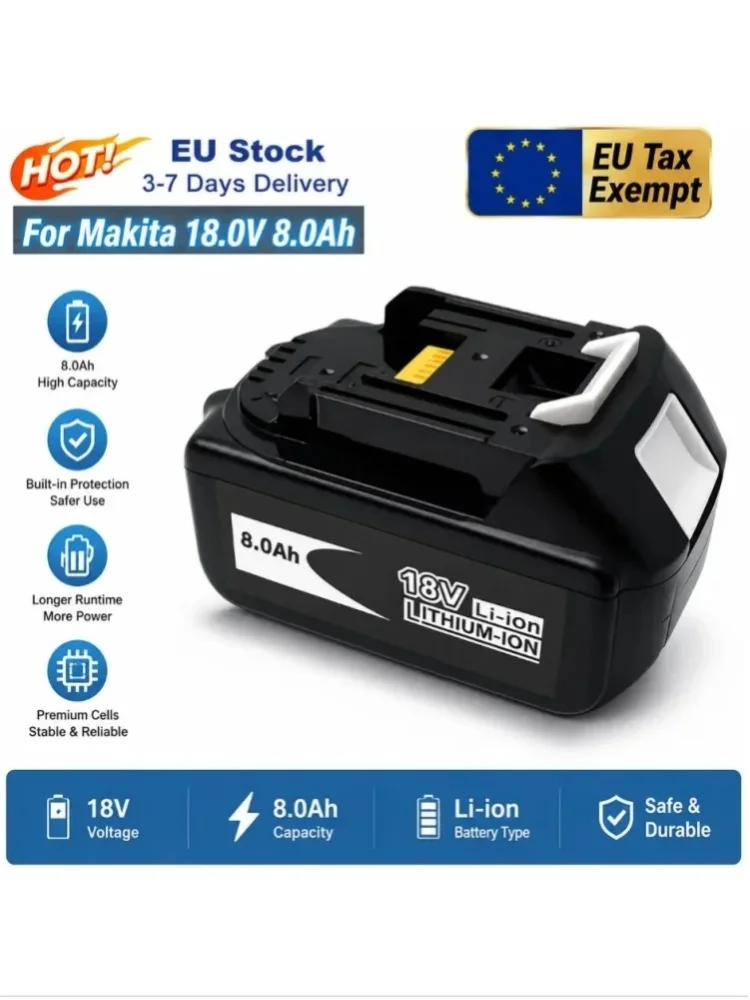 Kabelloser Werkzeugakku 18V 8000mAh Ersatzakku Passend für Makita BL1815 BL1830 BL1840 BL1860 Elektrowerkzeug-Akku