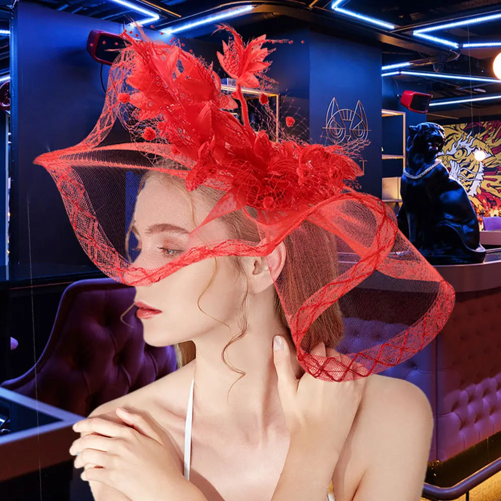 

Large Mesh Fascinator Hat Hairpin Hairbands Women Cocktail Tea Party Horse Race Fancy Show Feather Flower Fascinator Headwear