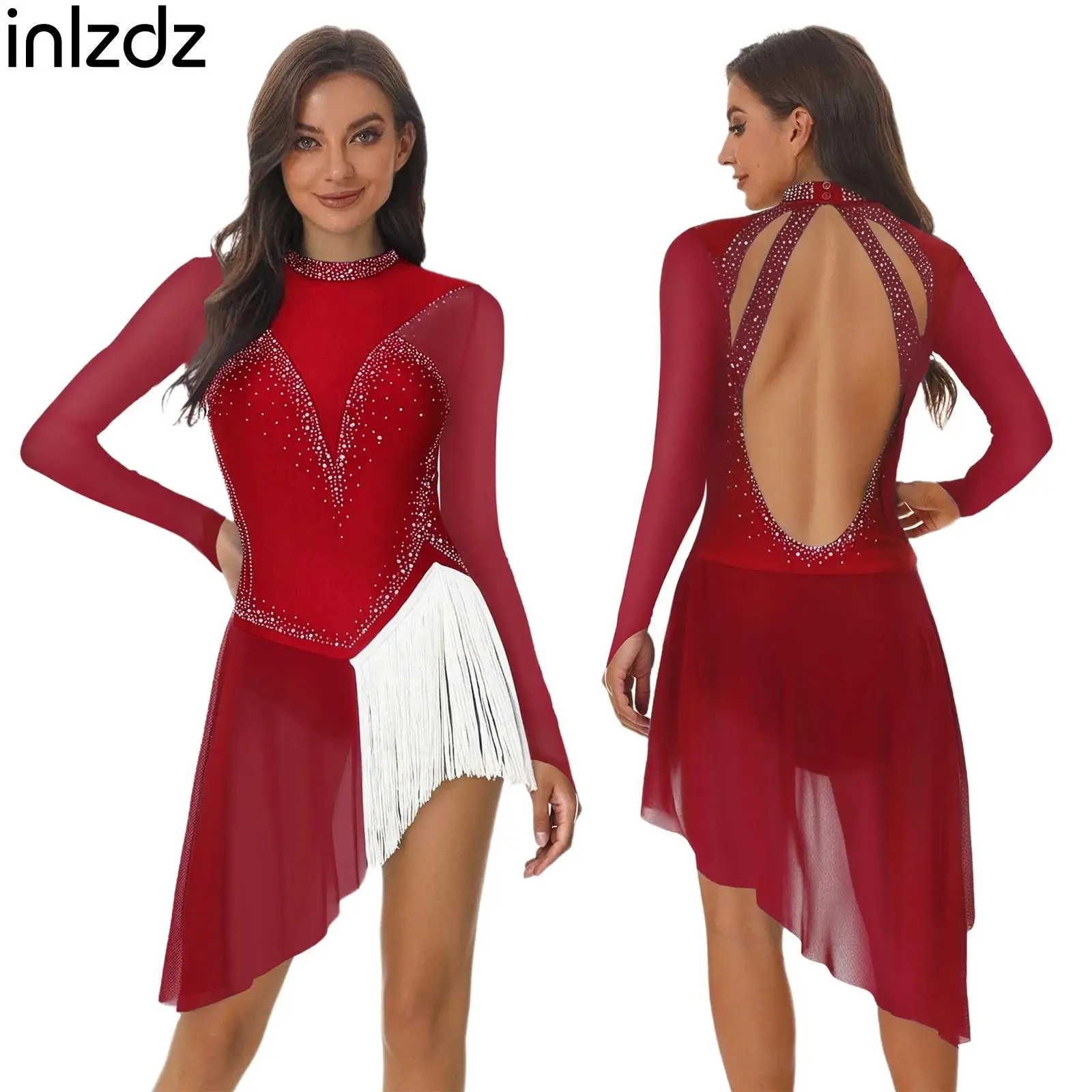 

Women Glittery Rhinestone Ice Skating Gymnastics Dance Dress Long Sleeve Backless Fringe Leotard Bodysuit Dress Performance Wear