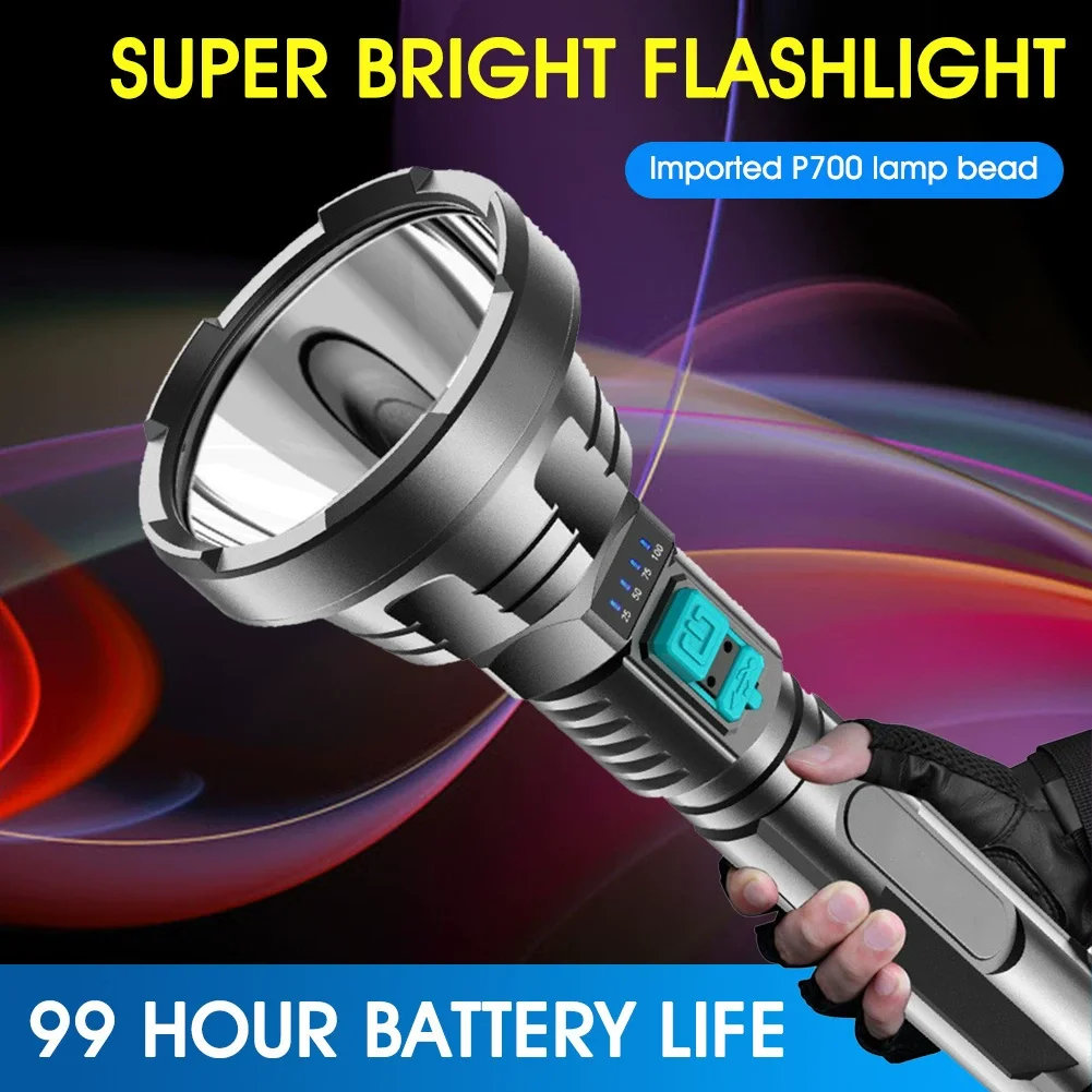 Large Long-Range LED Flashlight for Home And Outdoor Use Strong Light USB Charging ABS Material with Battery Display