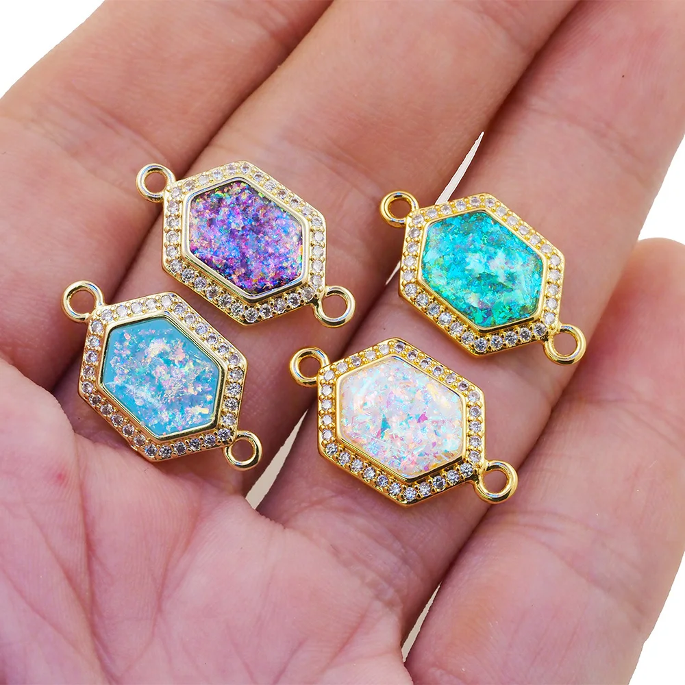 

Natural Gem Opal Colorful Fashion Hexagon Pendant CZ Gold Plated Geometric Connectors Bracelet Necklace Accessories For Women