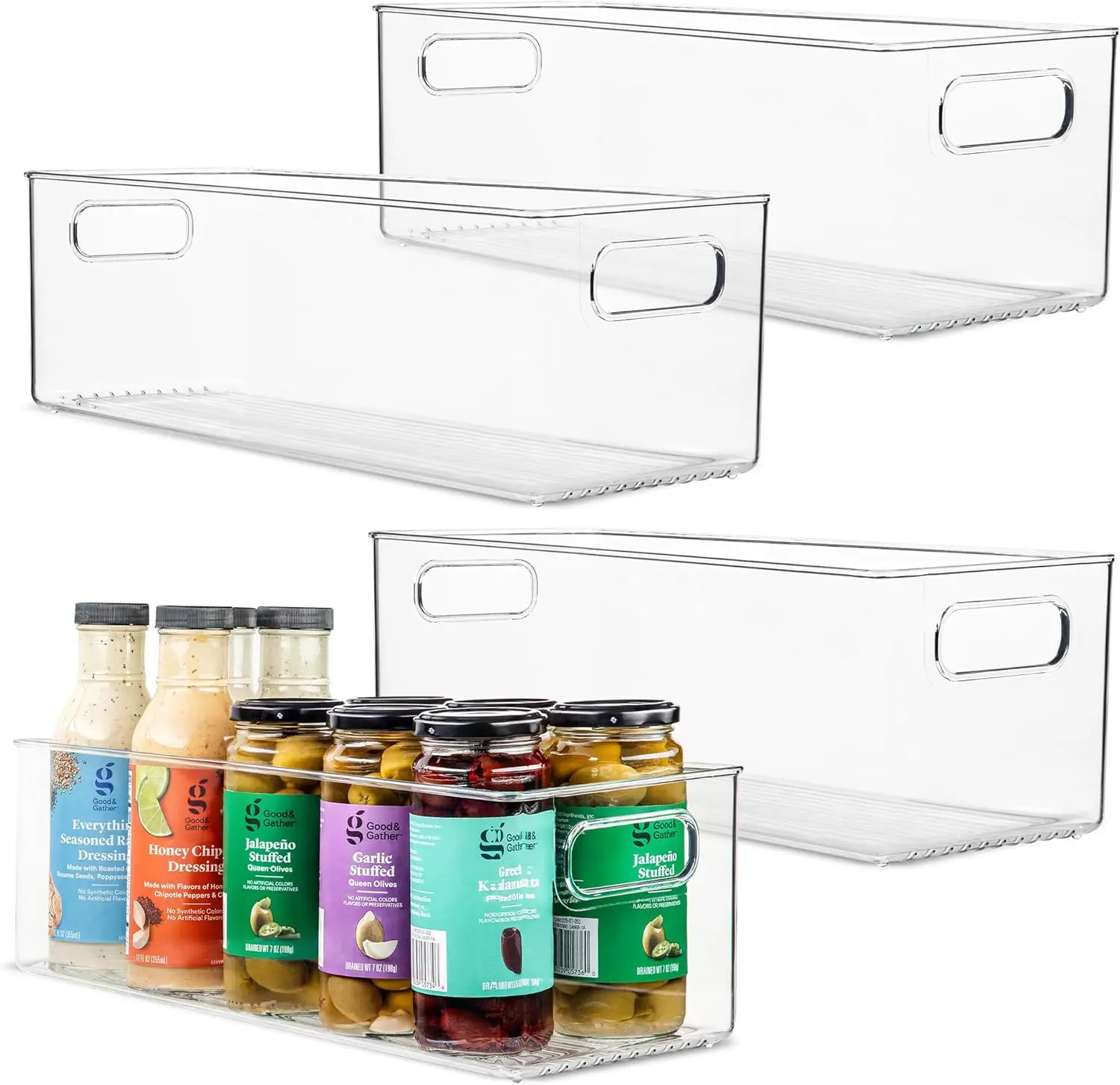 4-Pack Clear Plastic Storage Containers with Handles for Kitchen, Pantry, Refrigerator, Freezer - 16x6x5 Inches
