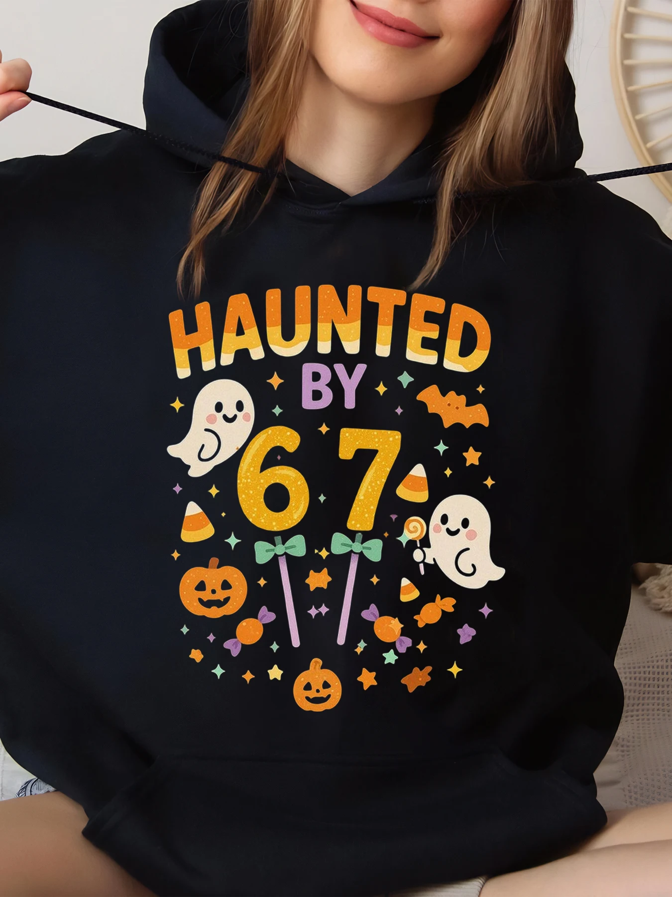 

Женская толстовка с принтом на Хэллоуин с привидениями 67, повседневная одежда для вечеринок на Хэллоуин, черная, большого размера