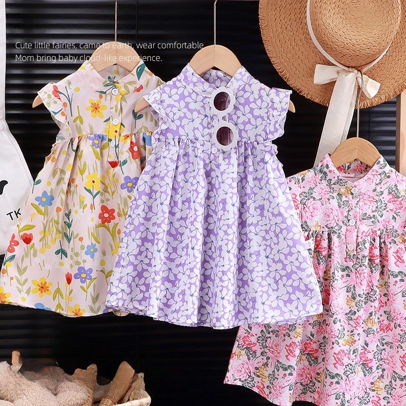 Girls Floral A-Line Summer Cute Princess Style Flowy Sundress For Children Daily Party Holiday Seaside Soft Casual Sweet Outfit