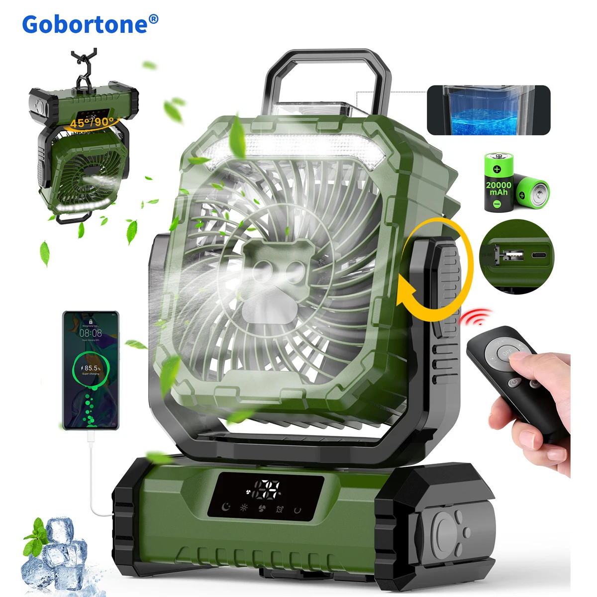 Gobortone Portable Mist Fan with Water Tank LED Light  Rechargeable 20000Mah Power Bank  Outdoor Air Cooling Stand Camping Fan