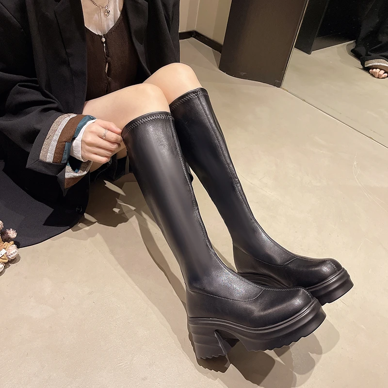 Block Heel High Boots Winter New Round Toe Spliced Back Zipper Platform Non-slip Cotton Shoes