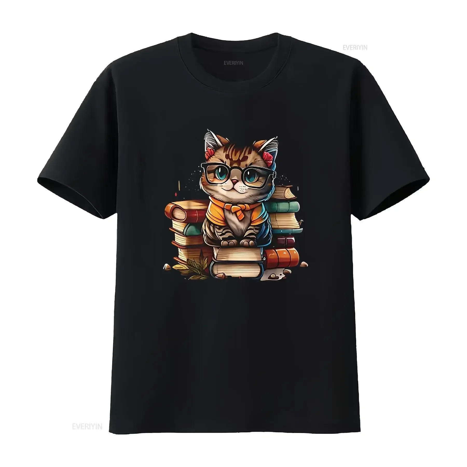 

Bookworm Cat Graphic Tee Men's Cotton Casual Round Neck Breathable T-Shirt